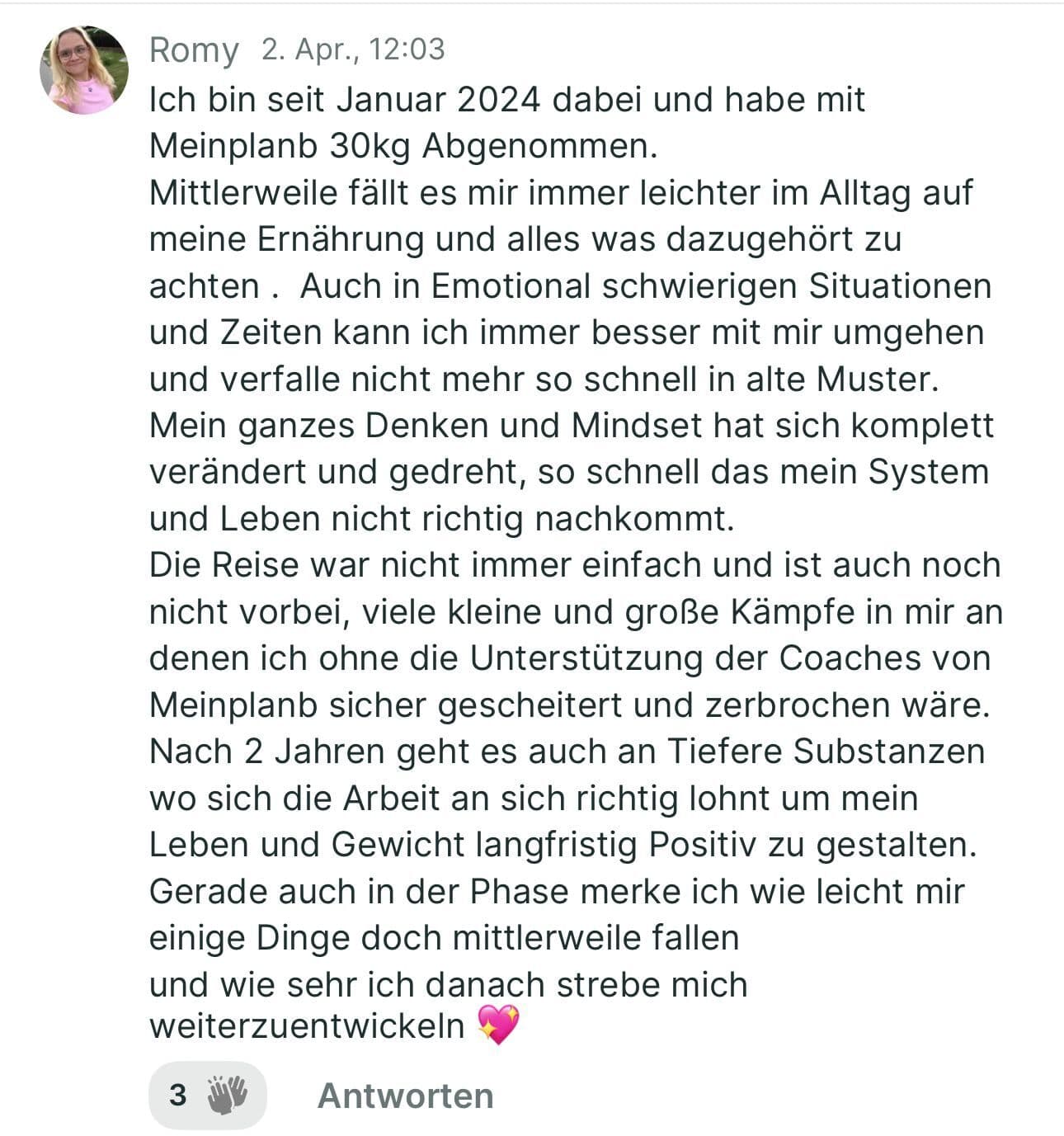 Screenshot einer WhatsApp-Erfolgsgeschichte von Romy